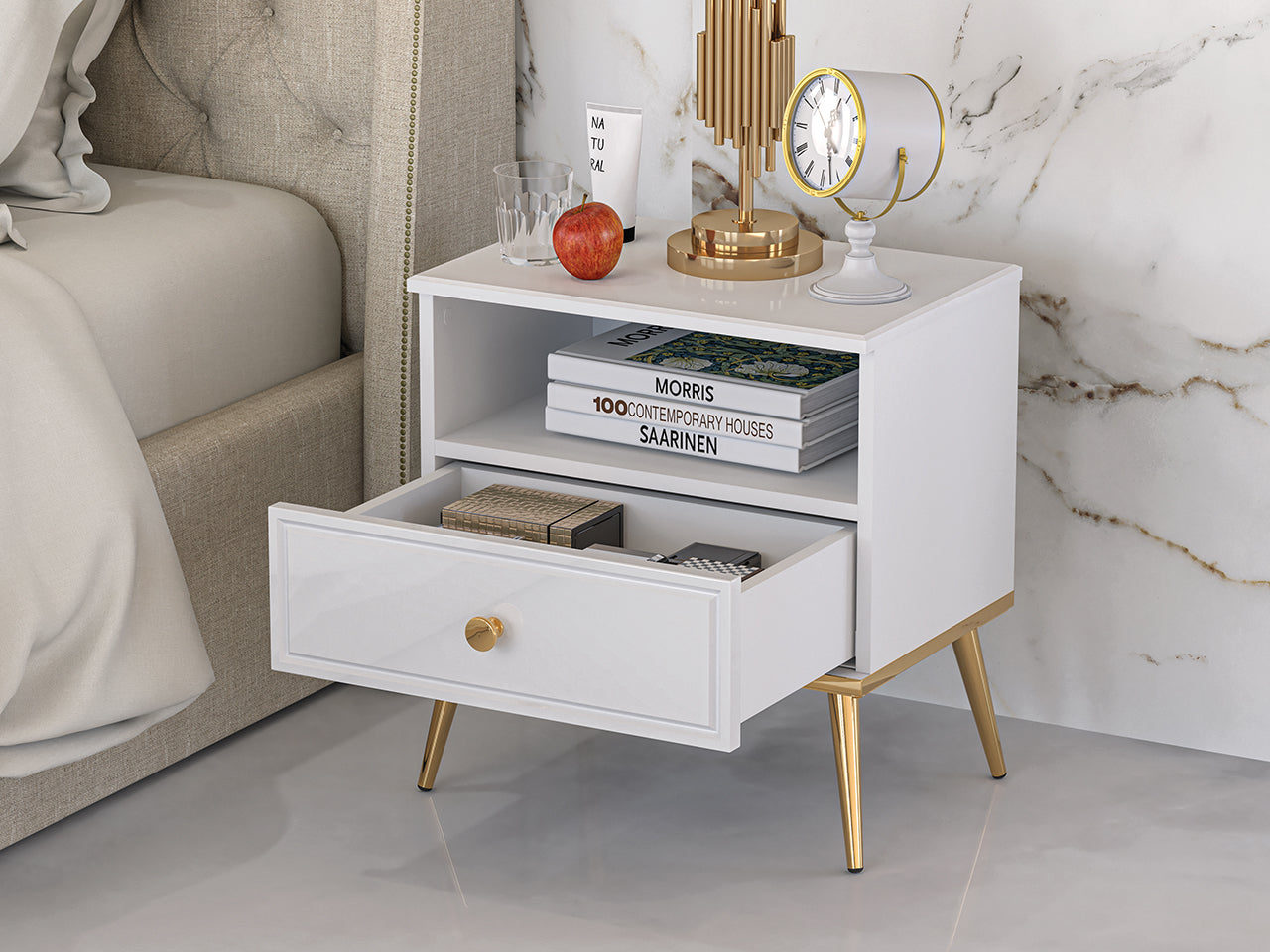 Table de Nuit Blanc Brillant – Design Moderne avec Tiroir à Extension Complète, Bordure ABS et MDF de Haute Qualité