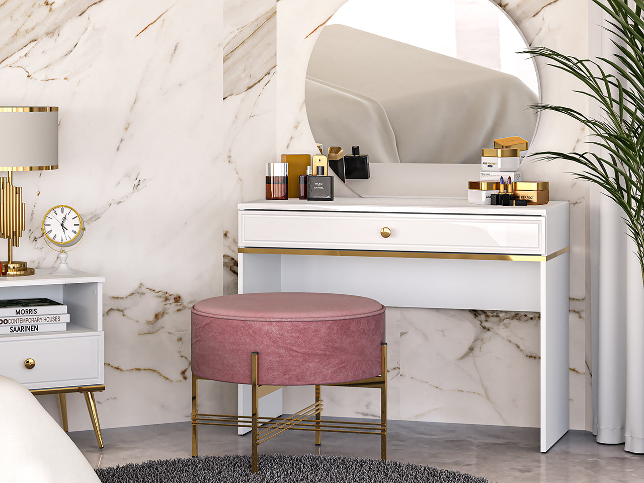 Table de Coiffure Moderne Blanc Brillant – Design Élégant avec Bordure ABS et MDF Haute Qualité