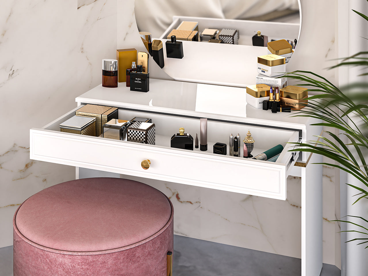Table de Coiffure Moderne Blanc Brillant – Design Élégant avec Bordure ABS et MDF Haute Qualité
