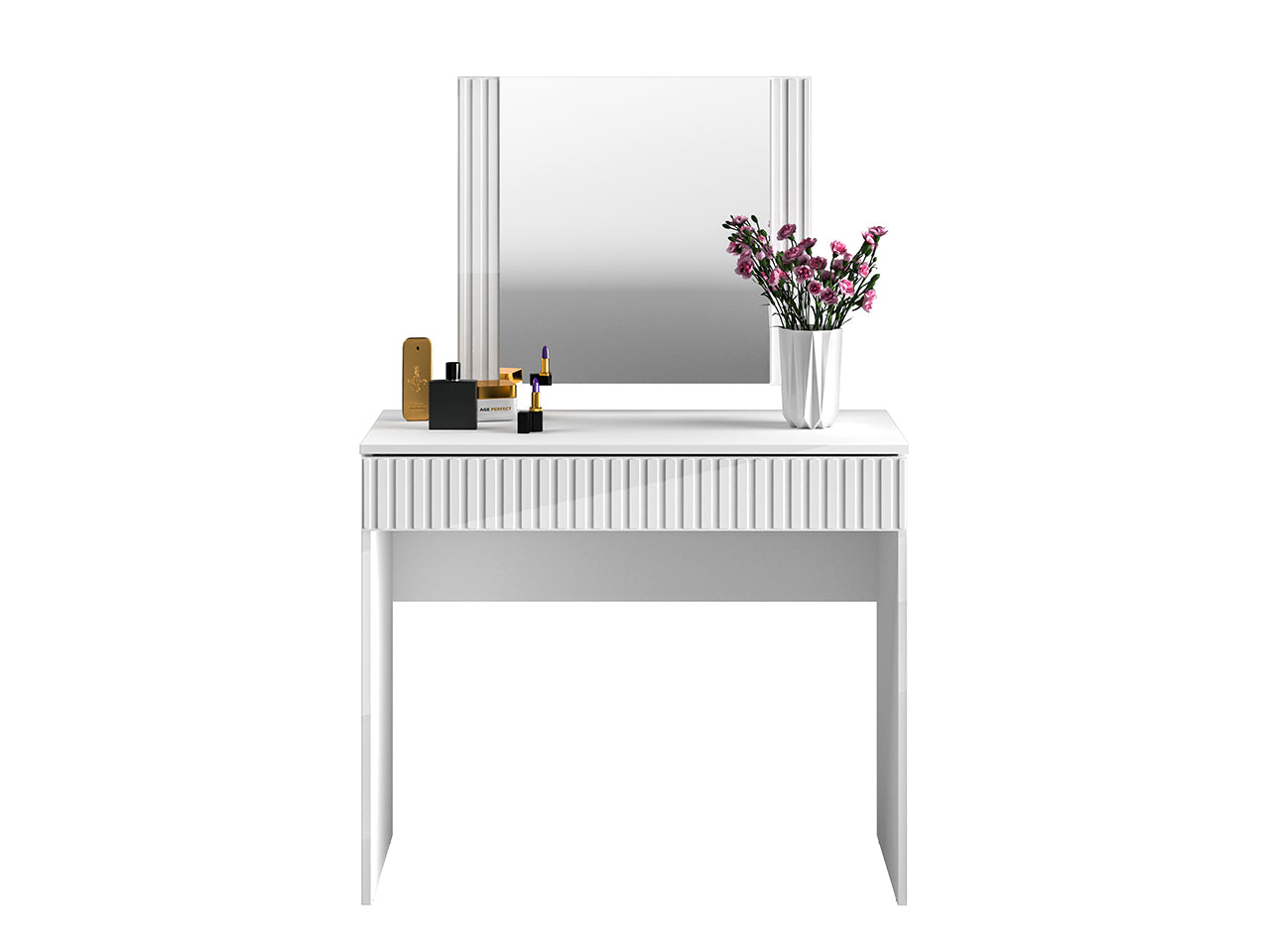 Coiffeuse Blanche Brillante avec Miroir LED et Poignées Élégantes - Design Moderne et Pratique