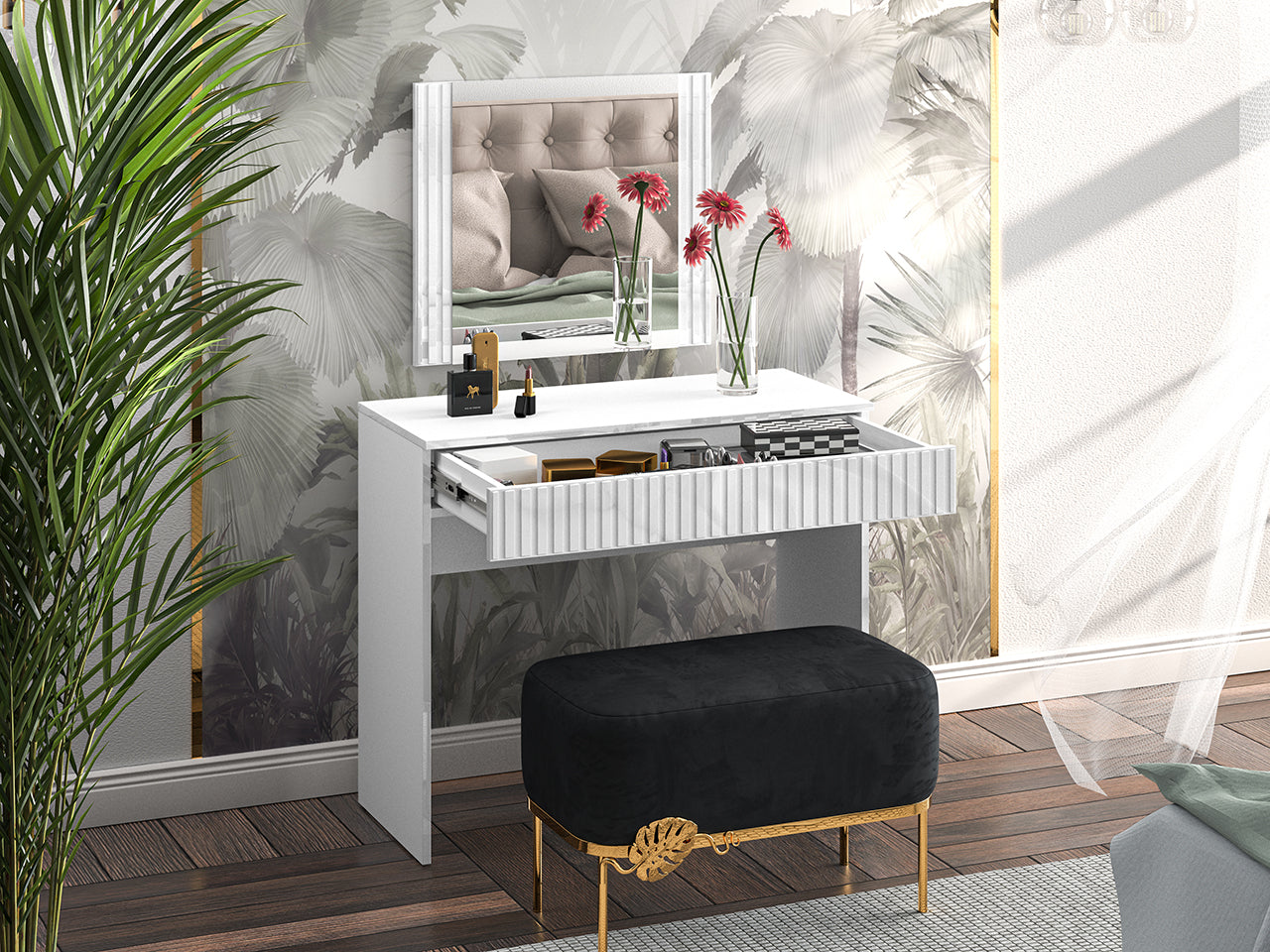 Coiffeuse Blanche Brillante avec Miroir LED et Poignées Élégantes - Design Moderne et Pratique
