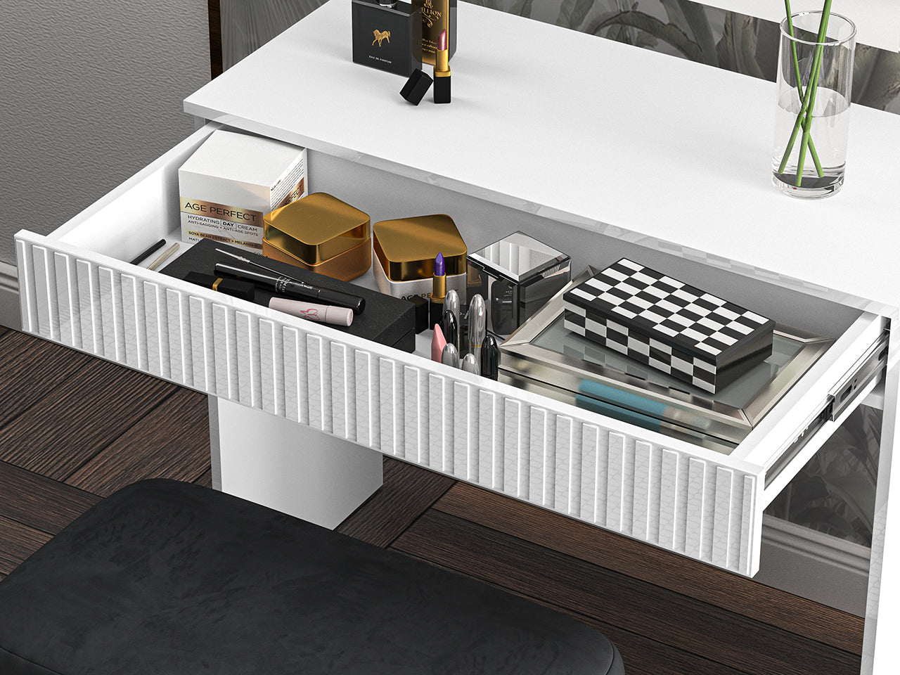 Coiffeuse Blanche Brillante avec Miroir LED et Poignées Élégantes - Design Moderne et Pratique