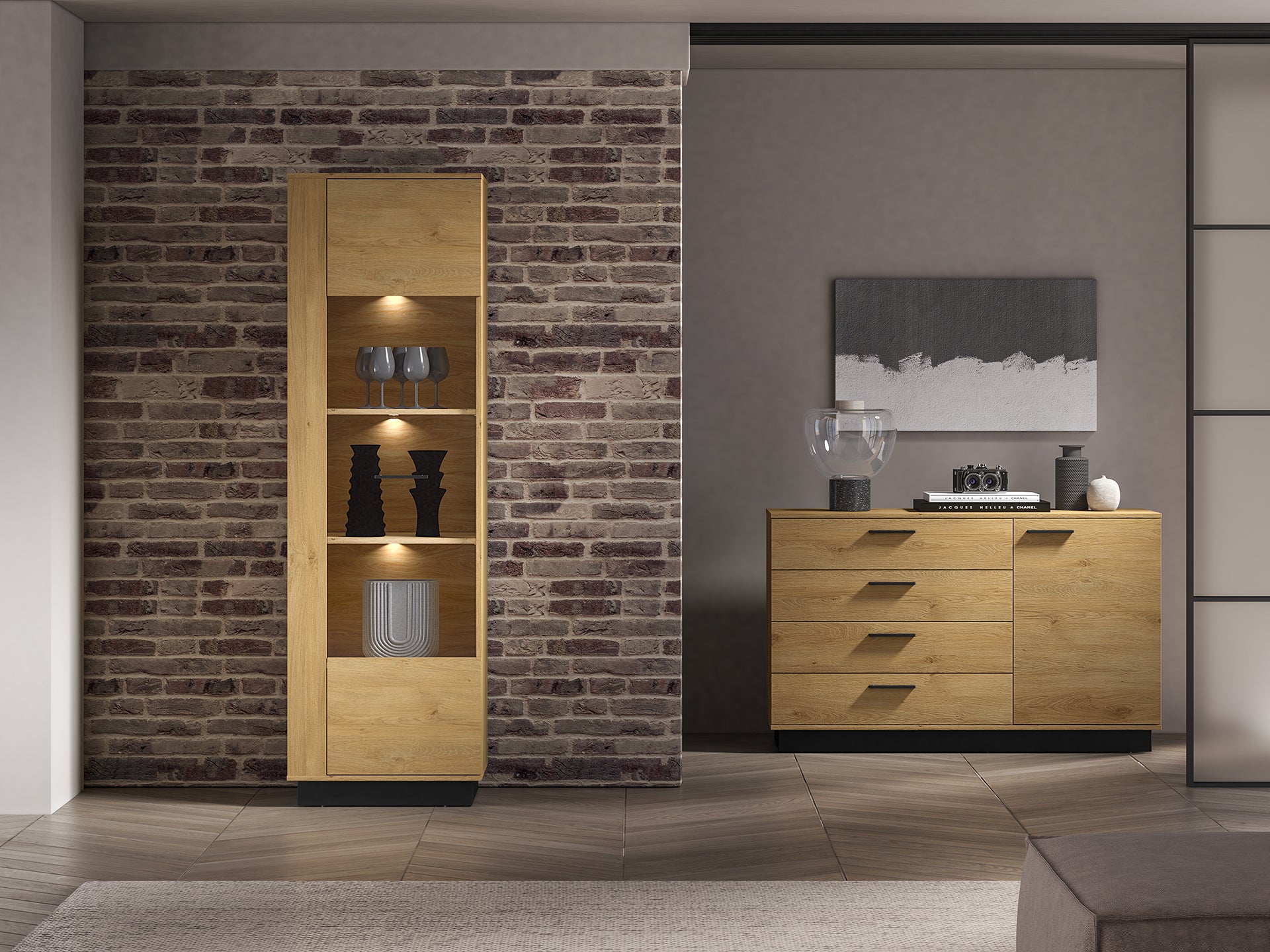 Ensemble Salon – Collection MORENO - 4 Pieces - Meubles Modernes en Chêne avec Base Noire