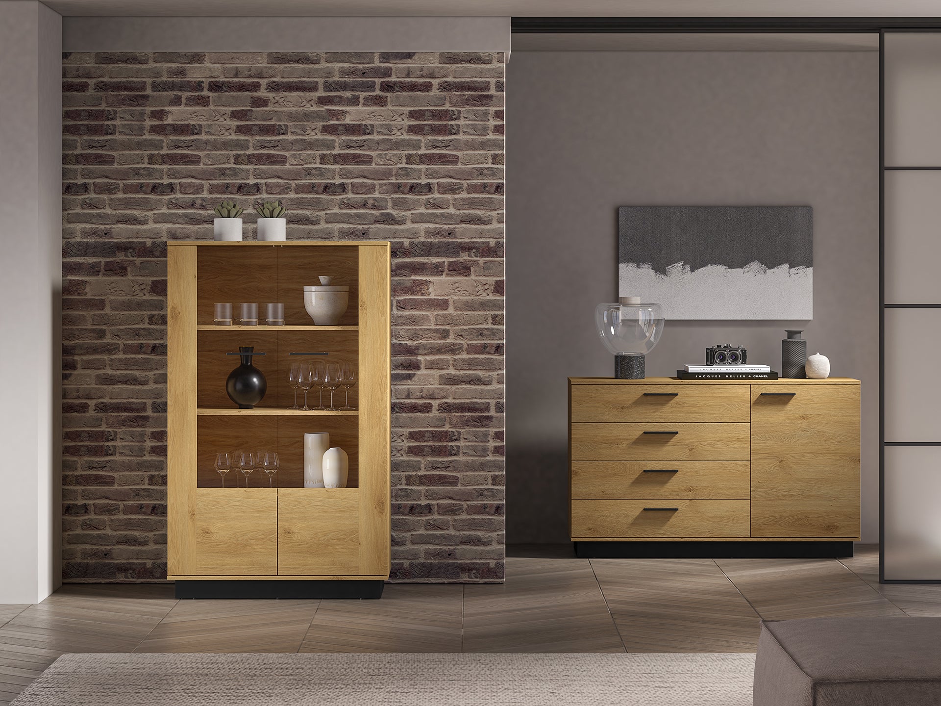 Ensemble Salon – Collection MORENO - 4 Pieces - Meubles Modernes en Chêne avec Base Noire