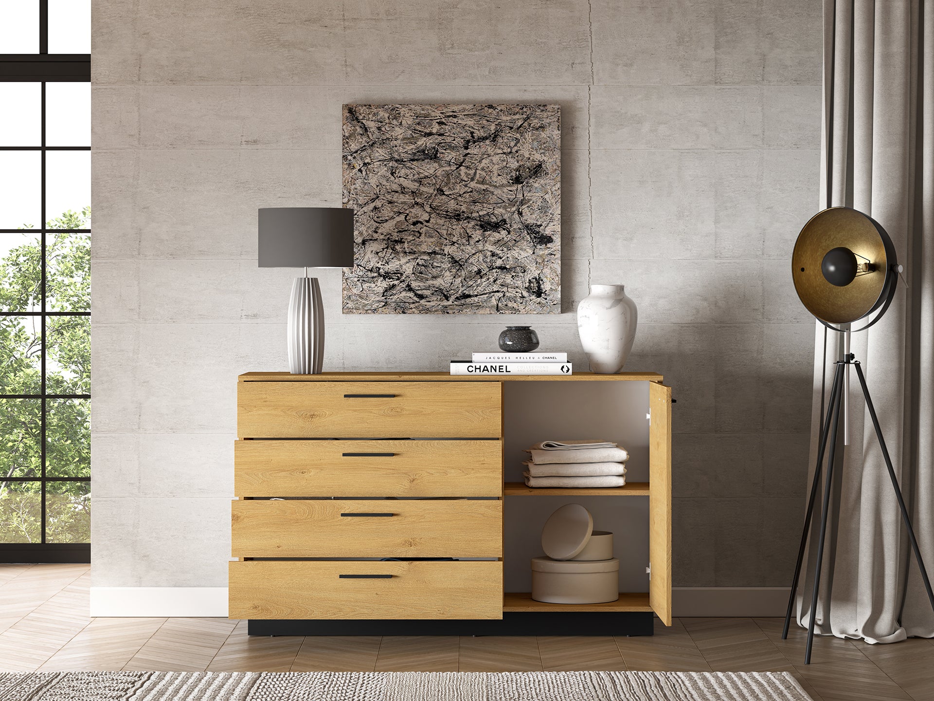 Ensemble Salon – Collection MORENO - 4 Pieces - Meubles Modernes en Chêne avec Base Noire