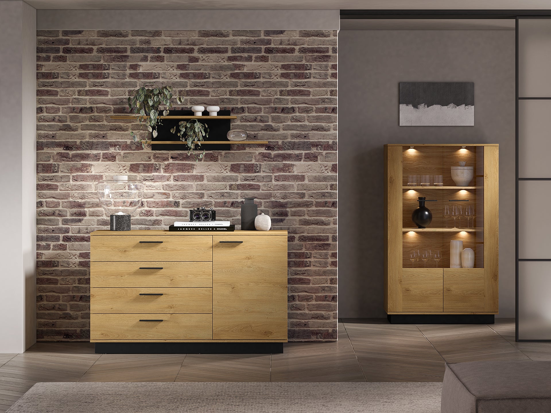 Ensemble Salon – Collection MORENO - 4 Pieces - Meubles Modernes en Chêne avec Base Noire