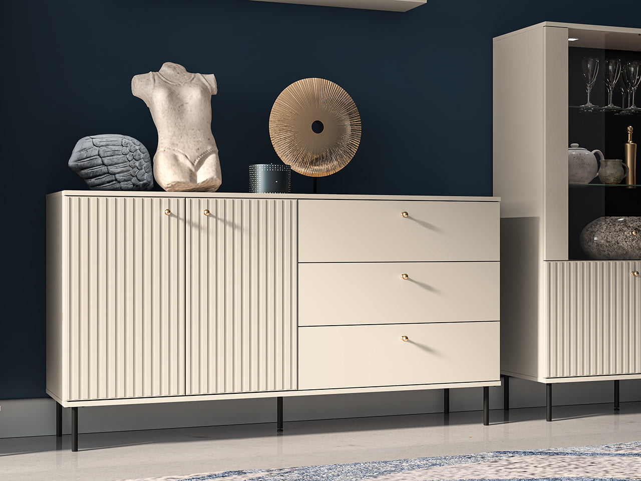 Commode en MDF Cachemire avec Tiroirs Profonds & Finitions en Or Brossé