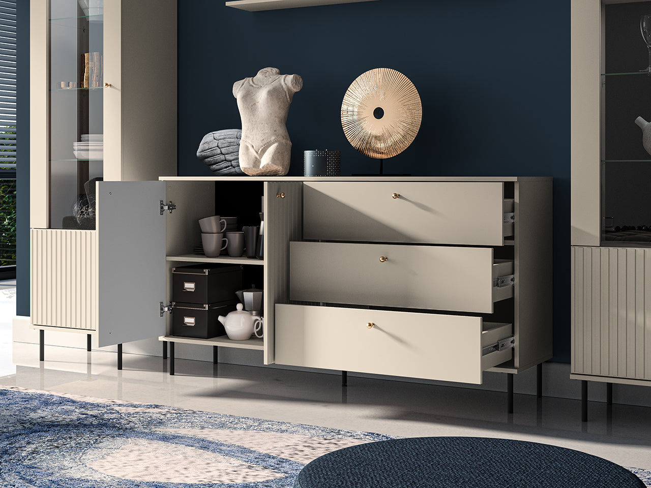 Commode en MDF Cachemire avec Tiroirs Profonds & Finitions en Or Brossé