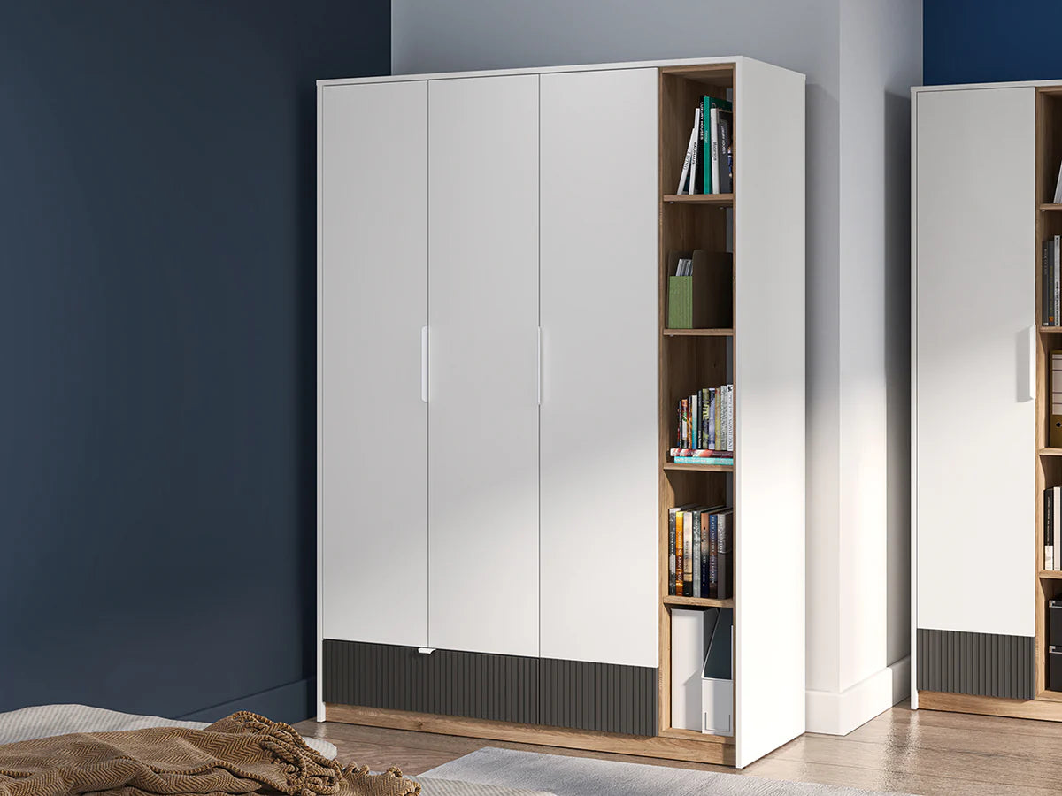 Ensemble Chambre à Coucher TORIO – 6 pièces - Blanc, Graphite Mat & Chêne Castello