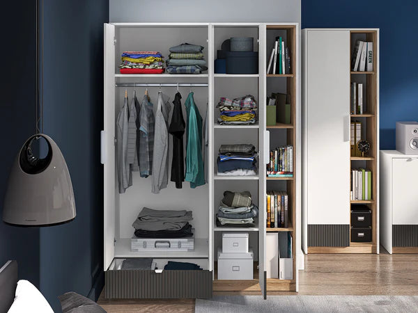 Ensemble Chambre à Coucher TORIO – 6 pièces - Blanc, Graphite Mat & Chêne Castello