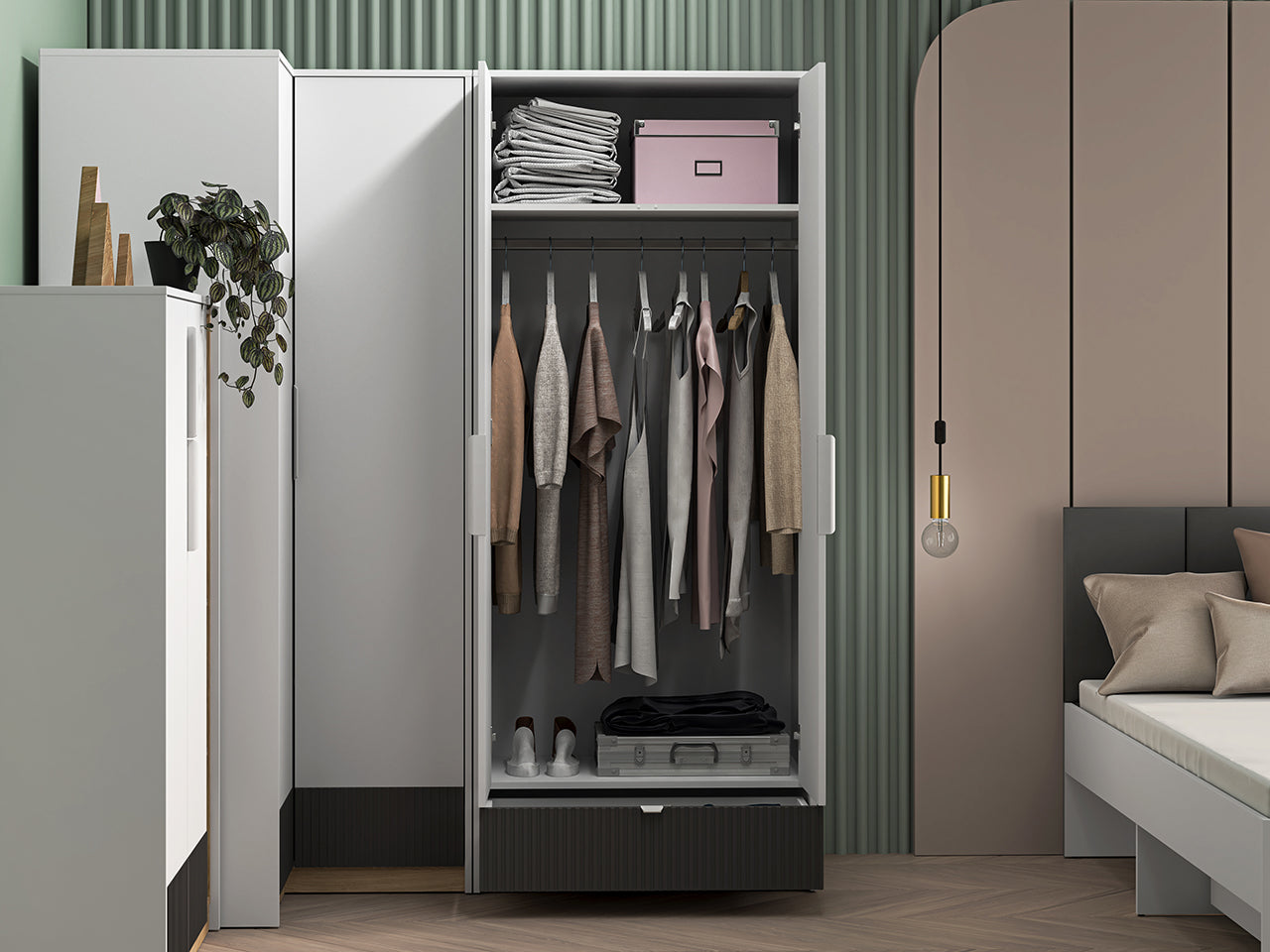 Garde-Robe Moderne en Blanc et Chêne Castello - Panneau Laminé Résistant aux Rayures et à l'Humidité, Capacité de Tiroir Optimisée