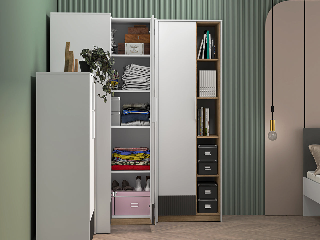 Garde-Robe Moderne Blanc et Chêne Castello avec MDF Graphite Mat – Durable et Élégante