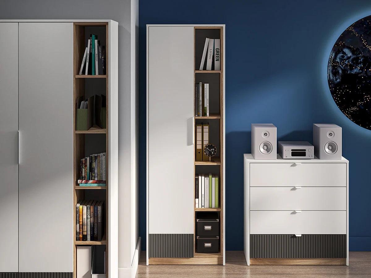 Ensemble Chambre à Coucher TORIO – 6 pièces - Blanc, Graphite Mat & Chêne Castello