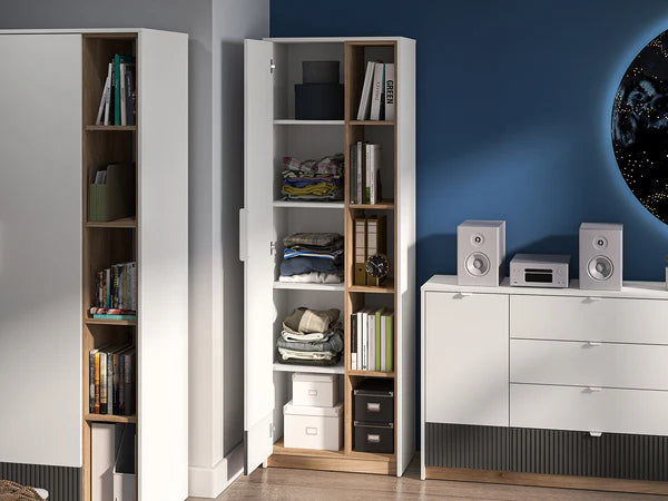 Ensemble Chambre à Coucher TORIO – 6 pièces - Blanc, Graphite Mat & Chêne Castello