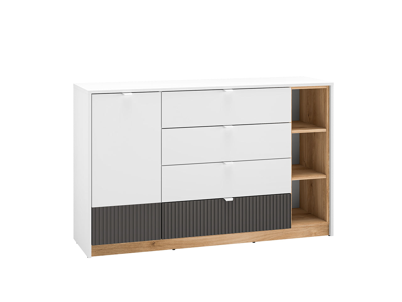 Commode Moderne avec Tiroirs à Extension Complète – Blanc, Graphite Mat & Chêne Castello
