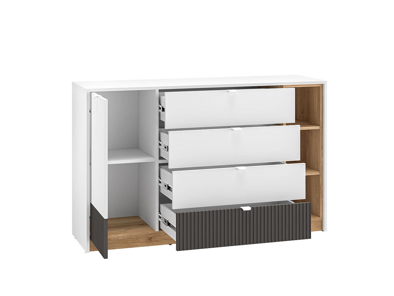 Commode Moderne avec Tiroirs à Extension Complète – Blanc, Graphite Mat & Chêne Castello