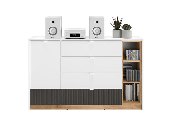 Ensemble Chambre à Coucher TORIO – 6 pièces - Blanc, Graphite Mat & Chêne Castello
