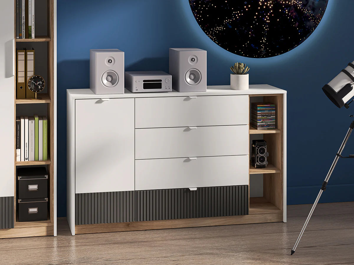 Ensemble Chambre à Coucher TORIO – 6 pièces - Blanc, Graphite Mat & Chêne Castello