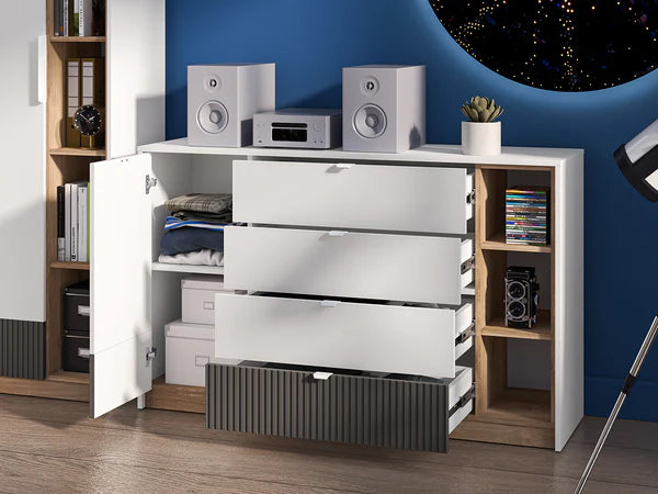 Ensemble Chambre à Coucher TORIO – 6 pièces - Blanc, Graphite Mat & Chêne Castello