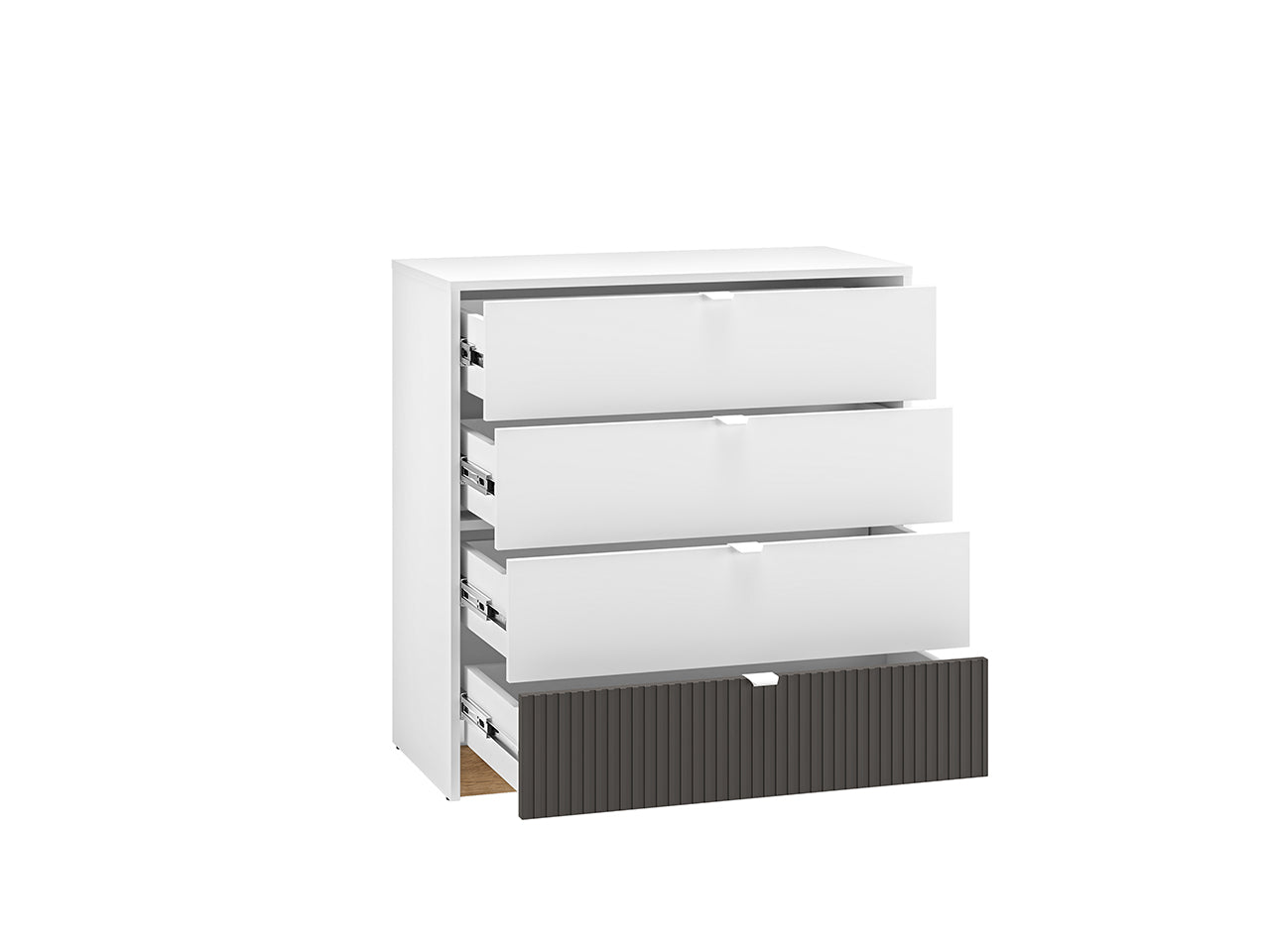 Commode Compacte avec Tiroirs à Extension Complète – Blanc, Graphite Mat & Chêne Castello