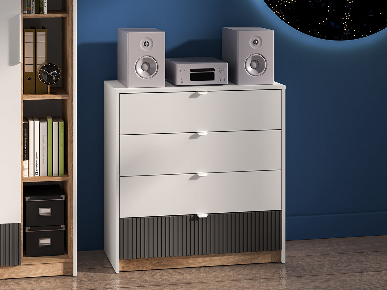 Commode Compacte avec Tiroirs à Extension Complète – Blanc, Graphite Mat & Chêne Castello