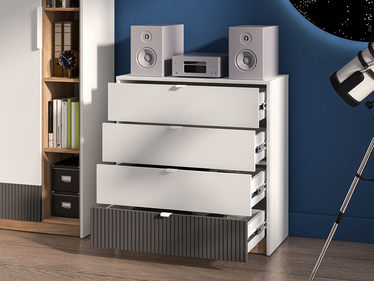 Commode Compacte avec Tiroirs à Extension Complète – Blanc, Graphite Mat & Chêne Castello