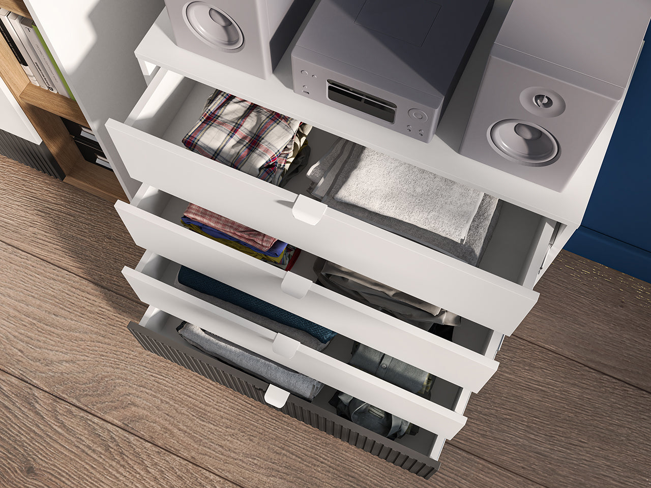 Commode Compacte avec Tiroirs à Extension Complète – Blanc, Graphite Mat & Chêne Castello