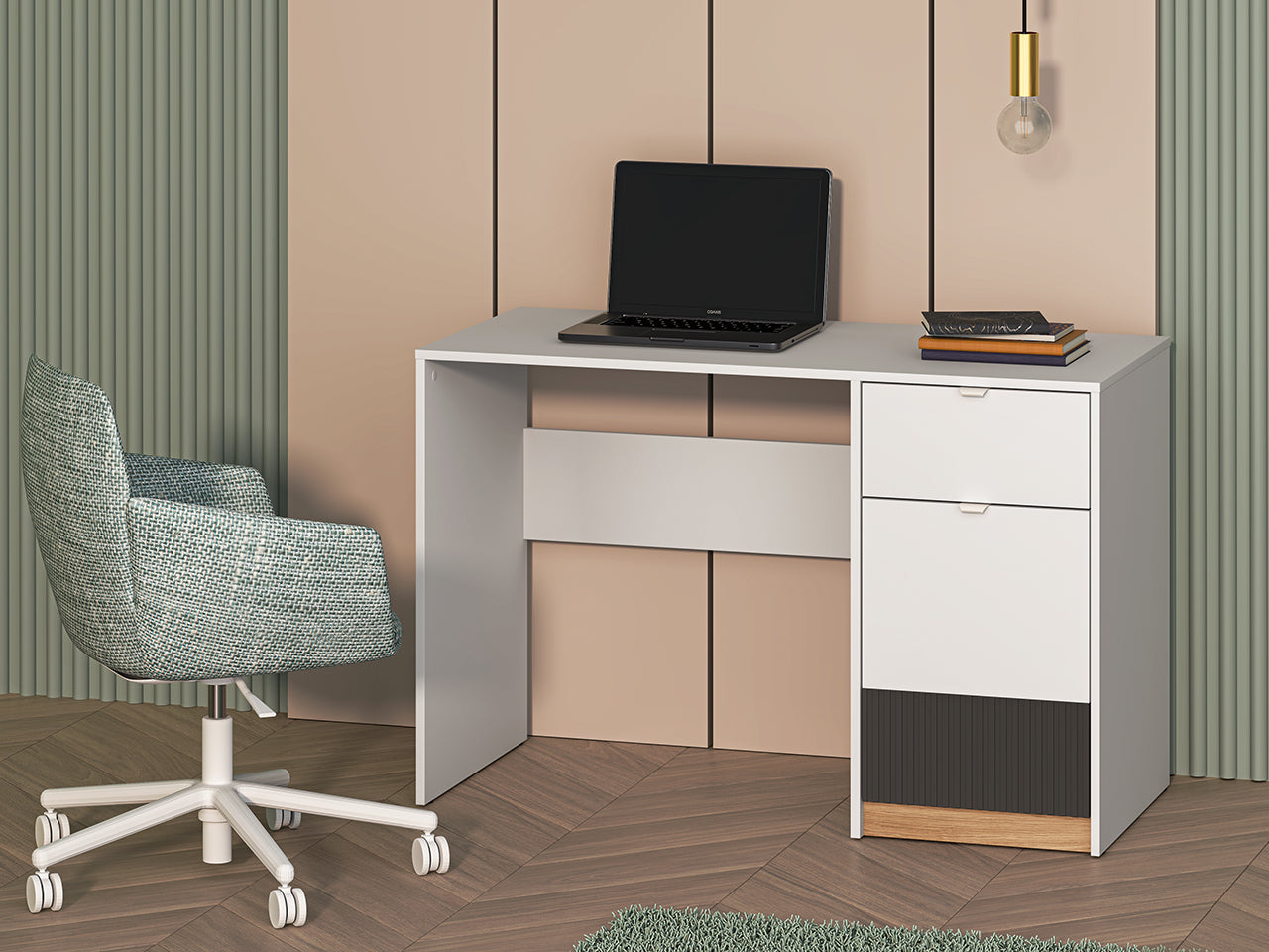Bureau Design avec Finition Bicolore – Blanc, Graphite Mat & Chêne Castello