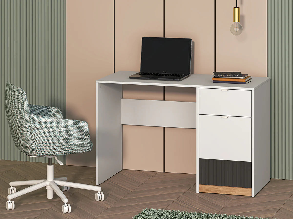 Ensemble Chambre à Coucher TORIO – 6 pièces - Blanc, Graphite Mat & Chêne Castello