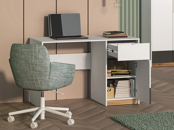 Ensemble Chambre à Coucher TORIO – 6 pièces - Blanc, Graphite Mat & Chêne Castello