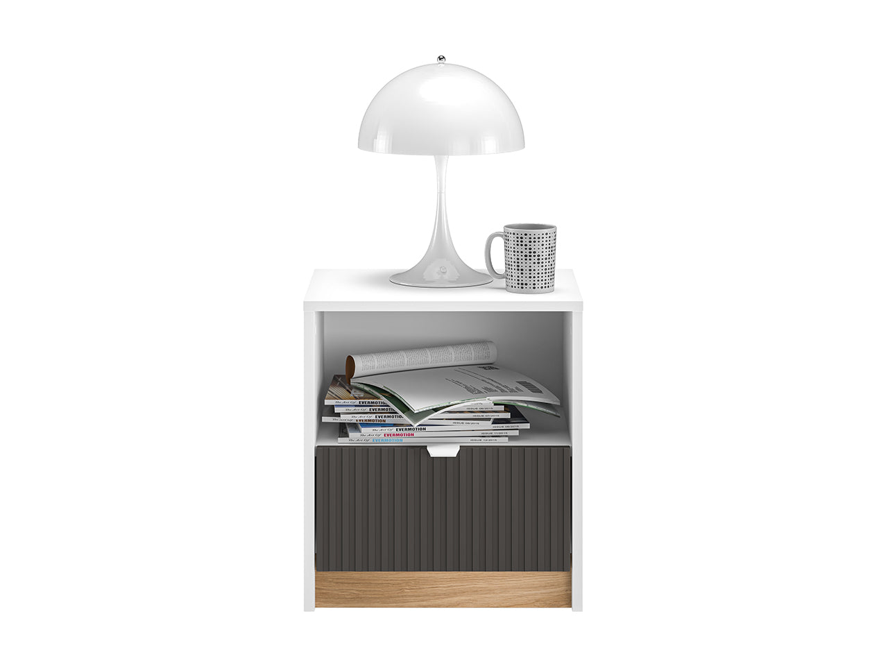 Table de Chevet Moderne – Blanc, Graphite Mat & Chêne Castello