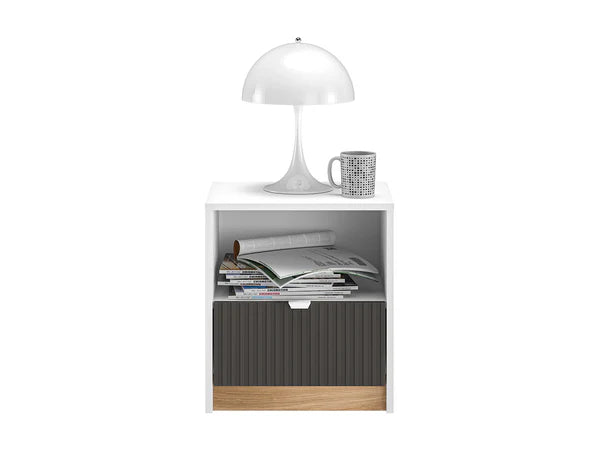 Ensemble Chambre à Coucher TORIO – 6 pièces - Blanc, Graphite Mat & Chêne Castello