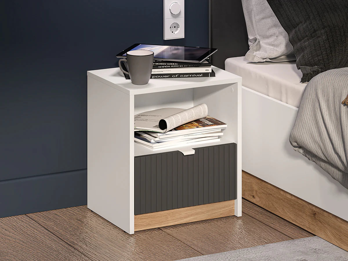 Ensemble Chambre à Coucher TORIO – 6 pièces - Blanc, Graphite Mat & Chêne Castello