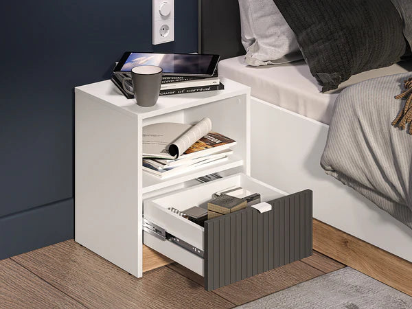 Ensemble Chambre à Coucher TORIO – 6 pièces - Blanc, Graphite Mat & Chêne Castello