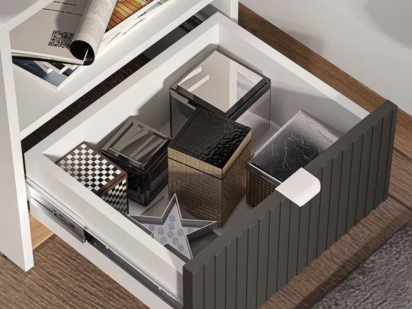 Ensemble Chambre à Coucher TORIO – 6 pièces - Blanc, Graphite Mat & Chêne Castello