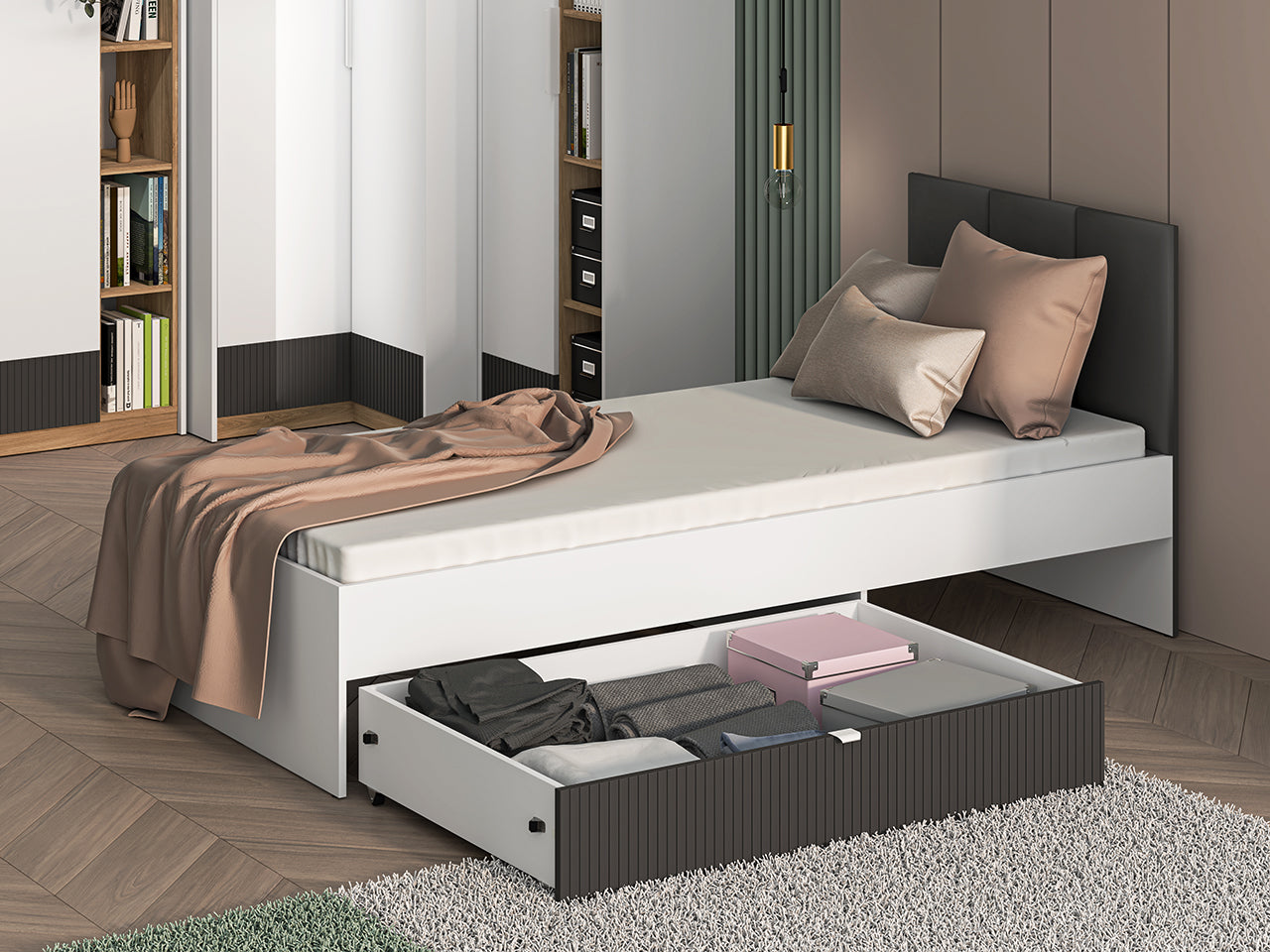 Lit Moderne avec Finition Graphite Mat & Blanc – 90x207 cm
