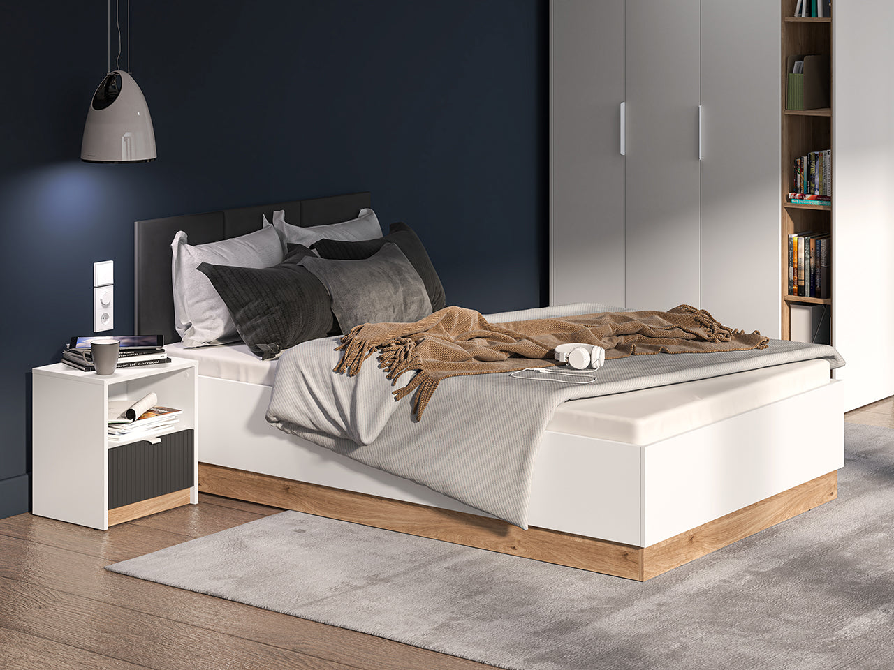 Lit Chambre Adulte avec Cadre – Design Blanc et Bois Chêne
