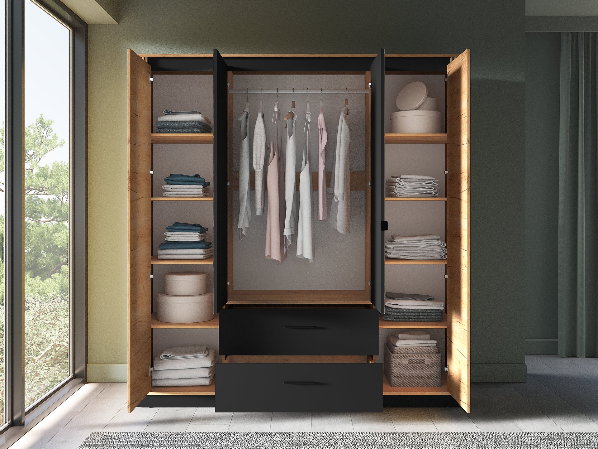 Ensemble Chambre à Coucher – Collection URSEN – 5 Pieces - Élégance Contemporaine en Chêne Craft Or & Noir