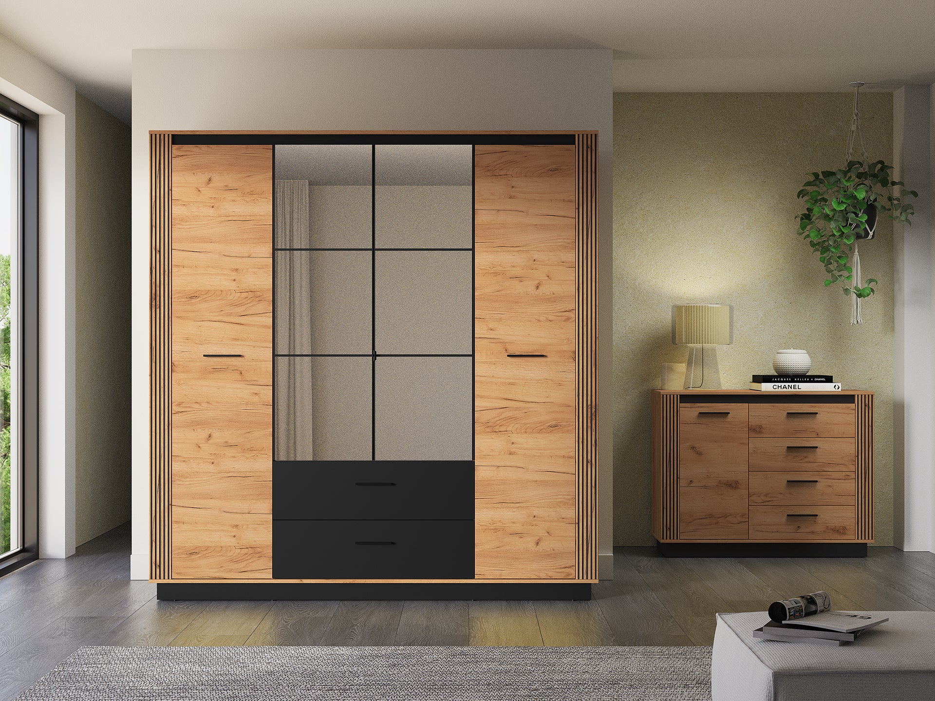 Ensemble Chambre à Coucher – Collection URSEN – 5 Pieces - Élégance Contemporaine en Chêne Craft Or & Noir