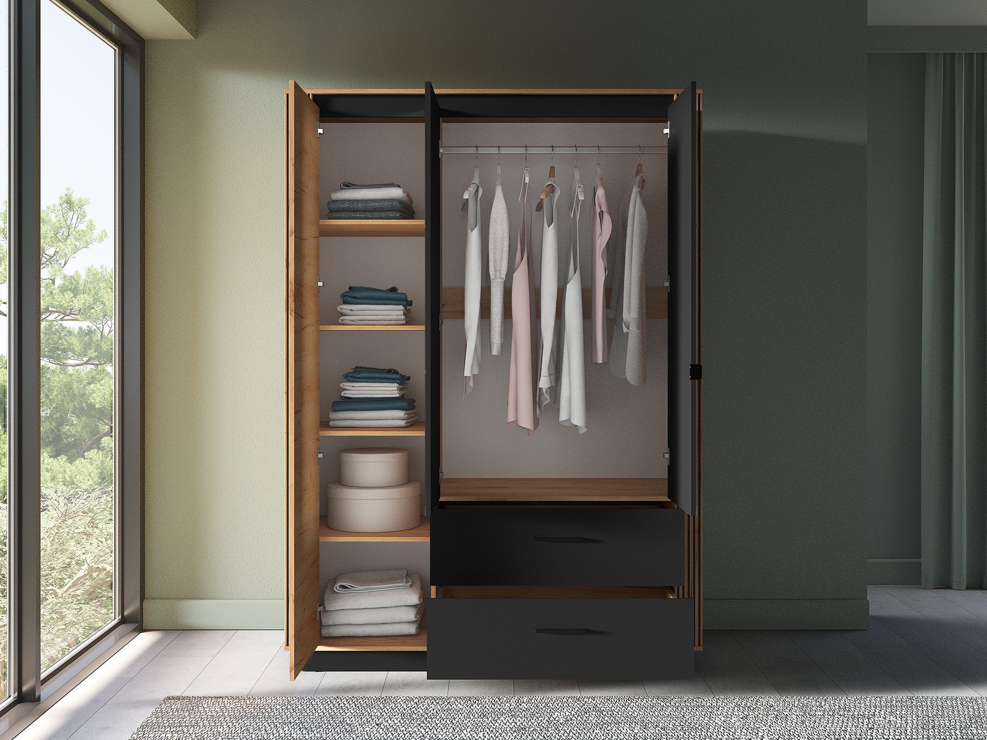 Armoire Moderne Chêne Craft Or & Noir – Élégance et Grande Capacité de Rangement