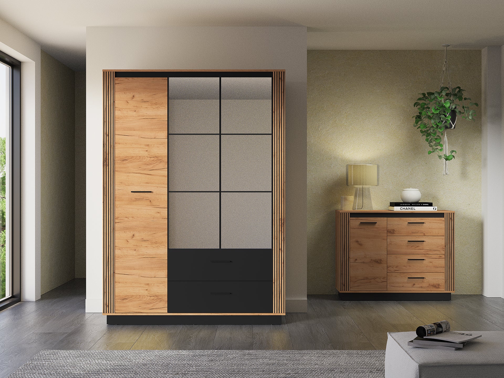 Armoire Moderne Chêne Craft Or & Noir – Élégance et Grande Capacité de Rangement