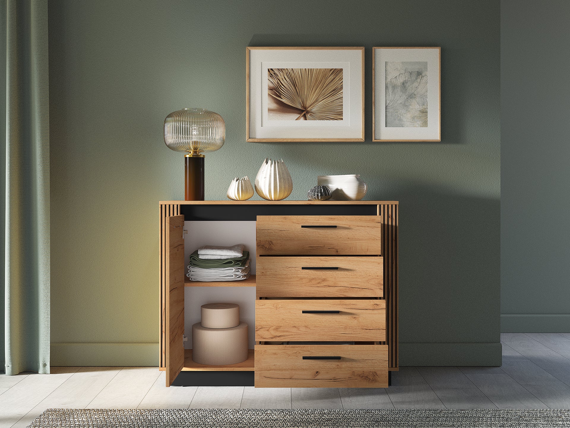 Ensemble Chambre à Coucher – Collection URSEN – 5 Pieces - Élégance Contemporaine en Chêne Craft Or & Noir