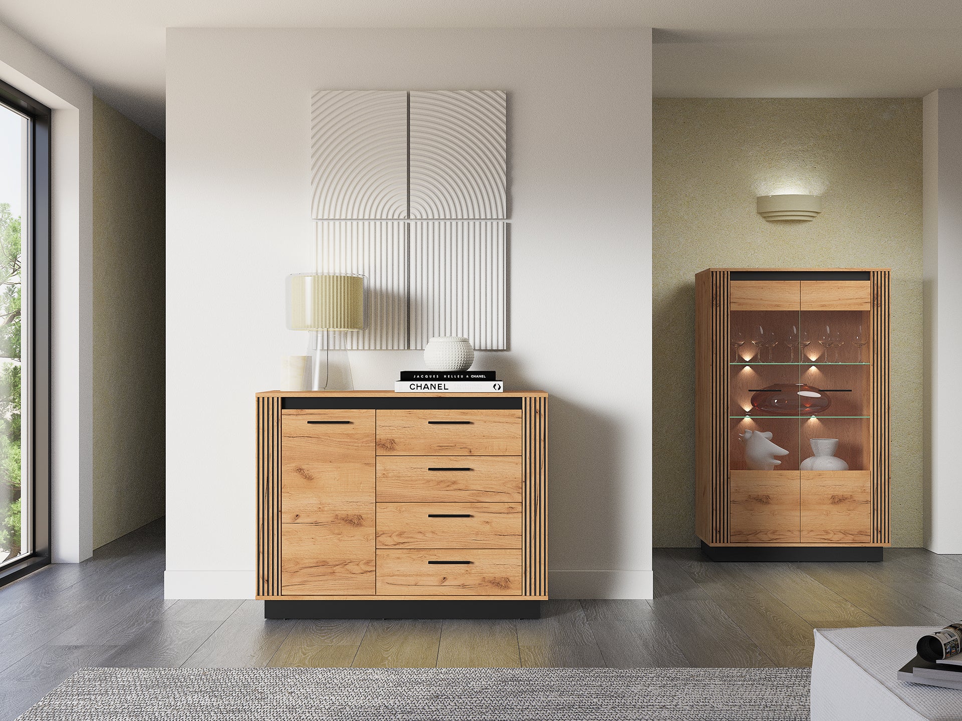 Ensemble Chambre à Coucher – Collection URSEN – 5 Pieces - Élégance Contemporaine en Chêne Craft Or & Noir