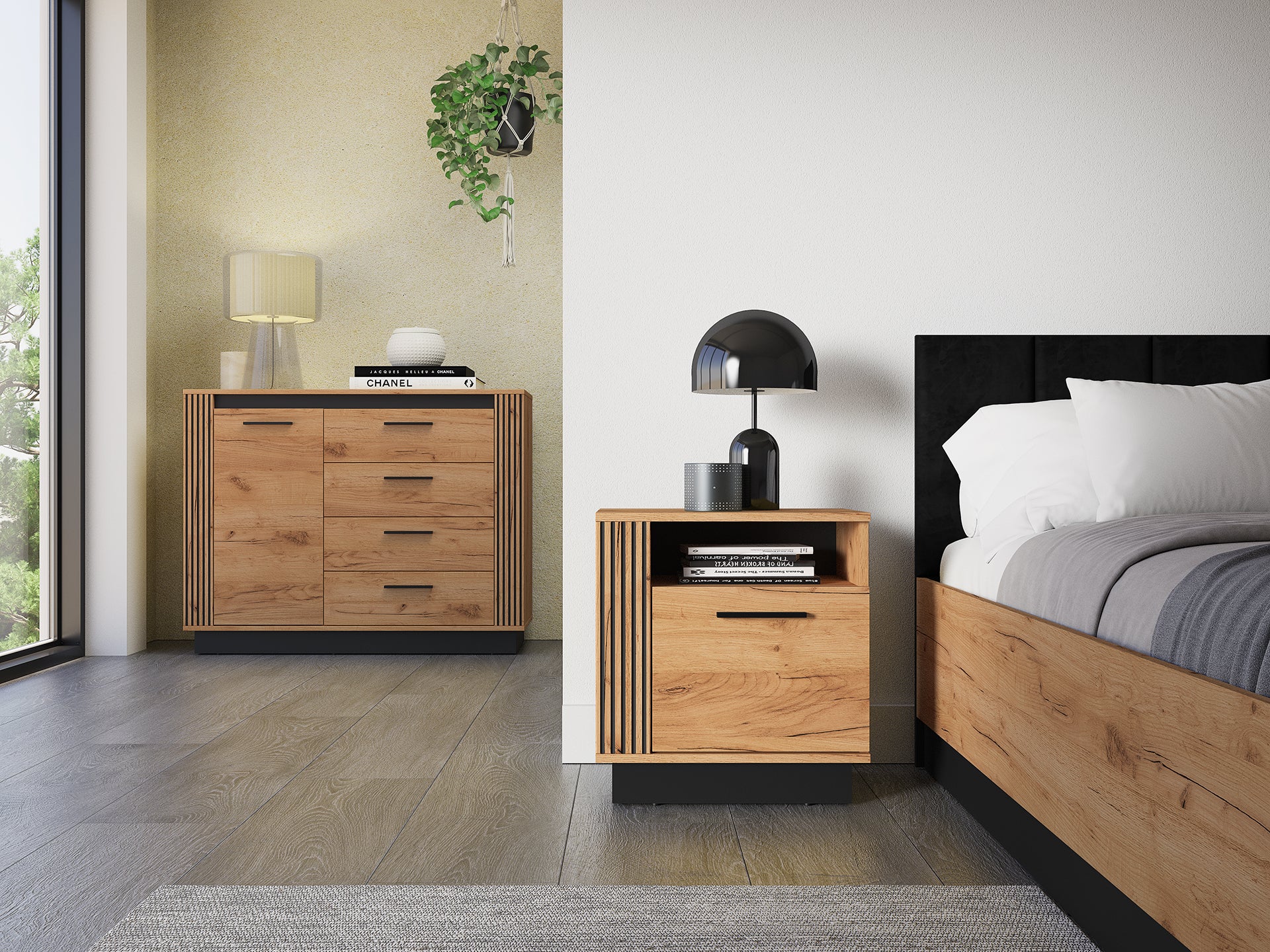 Ensemble Chambre à Coucher – Collection URSEN – 5 Pieces - Élégance Contemporaine en Chêne Craft Or & Noir