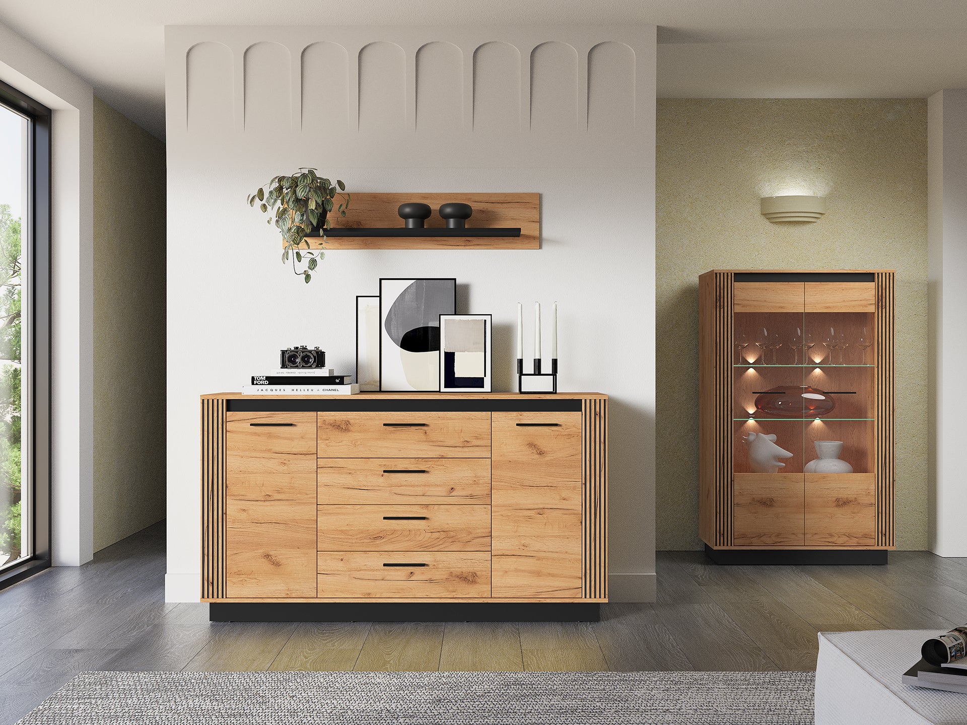 Ensemble Chambre à Coucher – Collection URSEN – 5 Pieces - Élégance Contemporaine en Chêne Craft Or & Noir