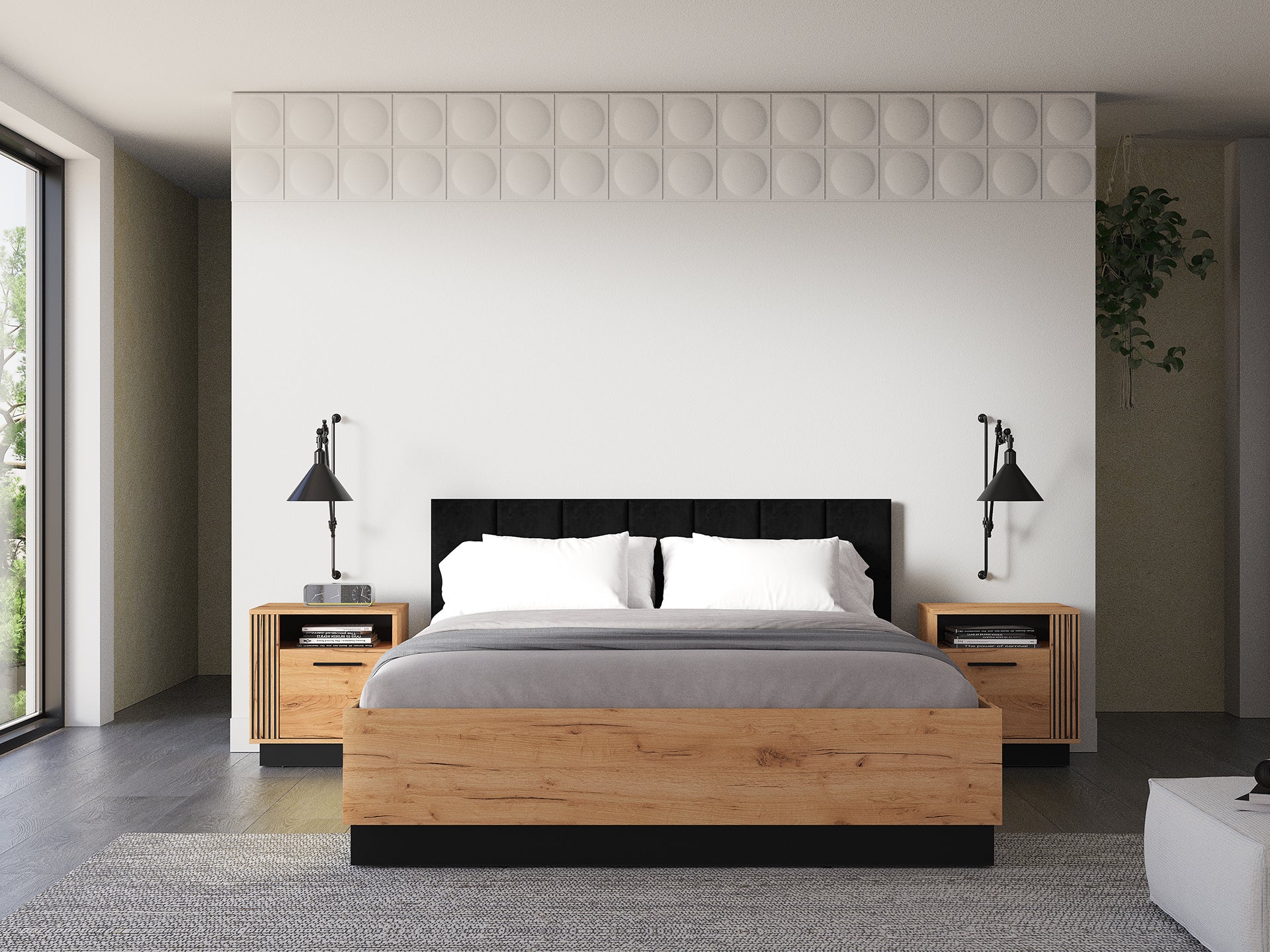 Ensemble Chambre à Coucher – Collection URSEN – 5 Pieces - Élégance Contemporaine en Chêne Craft Or & Noir