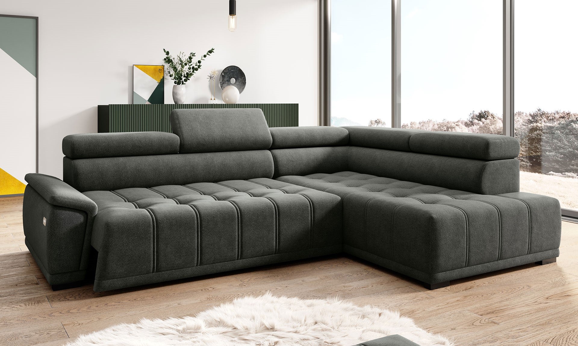 Canapé d’angle – Confort réglable électrique, design moderne et têtières ajustables