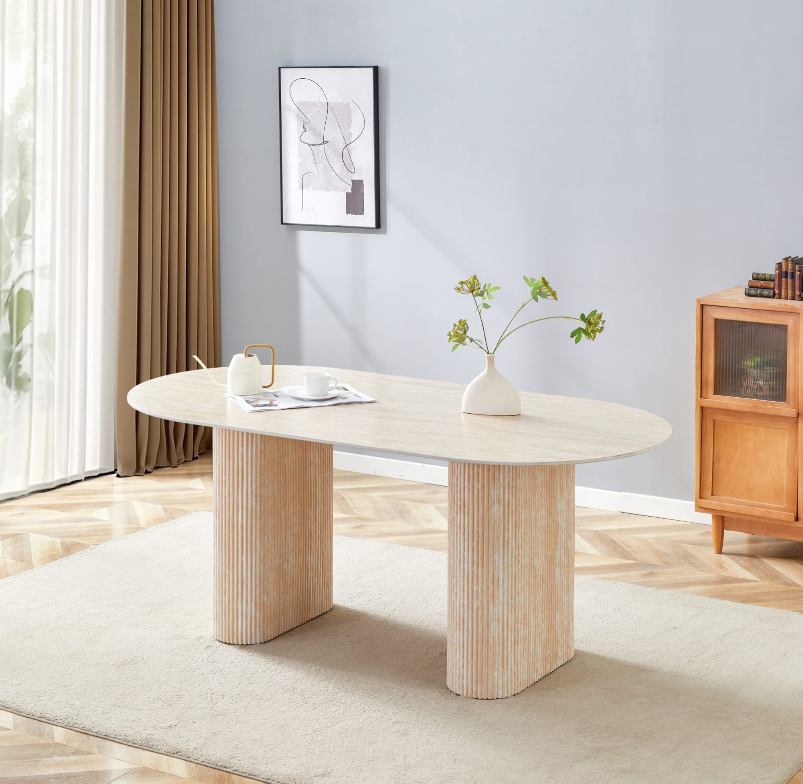 Table à manger – Design pierre naturelle –  Plateau céramique marbre ou travertin – Pied effet travertin ou beige – 160 ou 180 cm