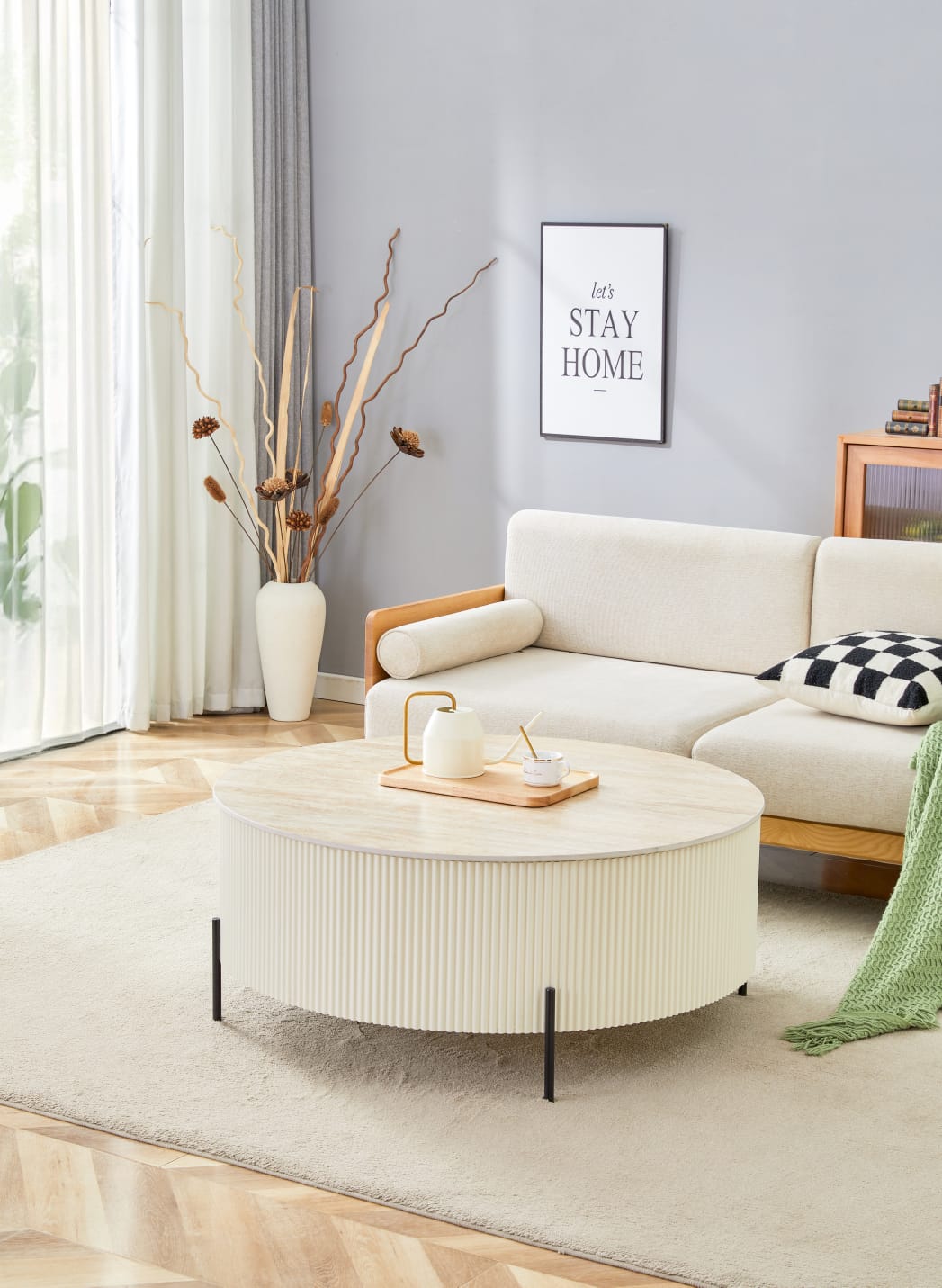 Table basse – Céramique effet travertin mat, pieds noir ou beige, Ø 80 à 100 cm