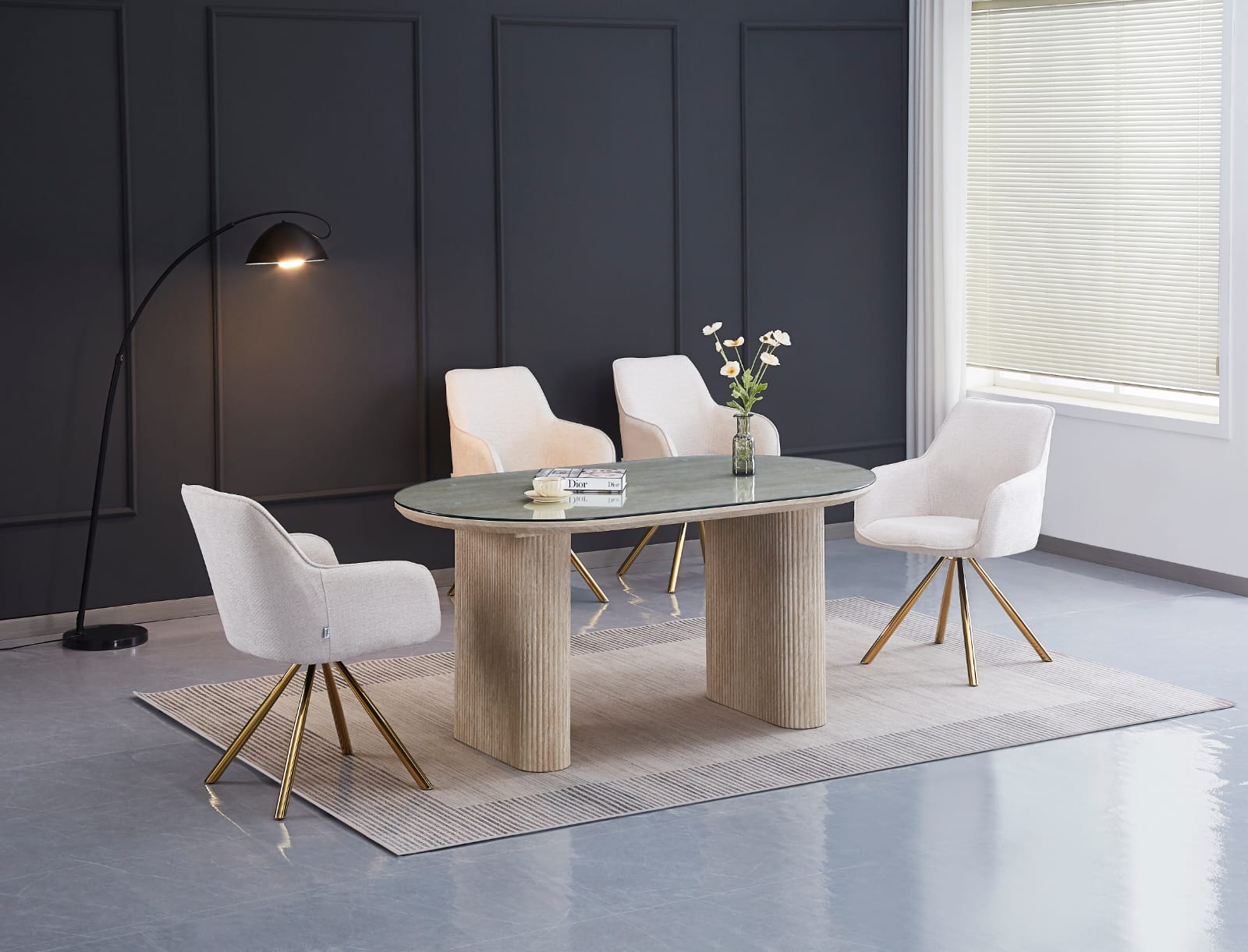 TABLE A MANGER EFFET TRAVERTIN PLATEAU TRANSPARENT 160X90X75